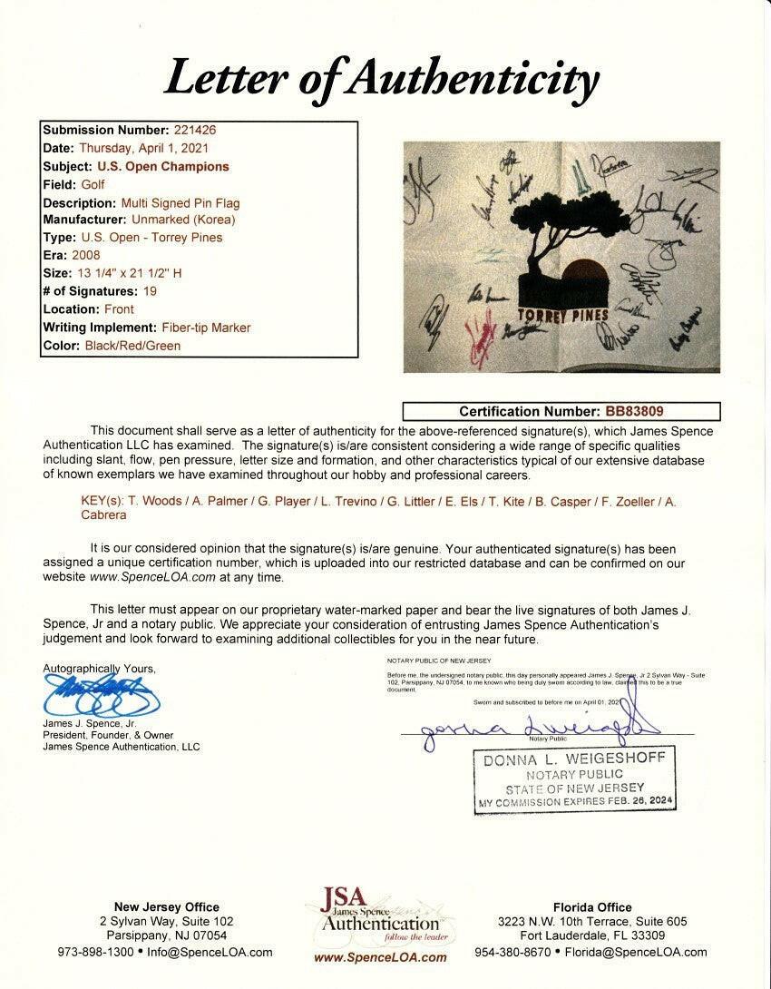 2008 US Open golf flag signed by 19 winners Tiger Woods Arnold Palmer Gary Player JSA - AutographsForSale.com