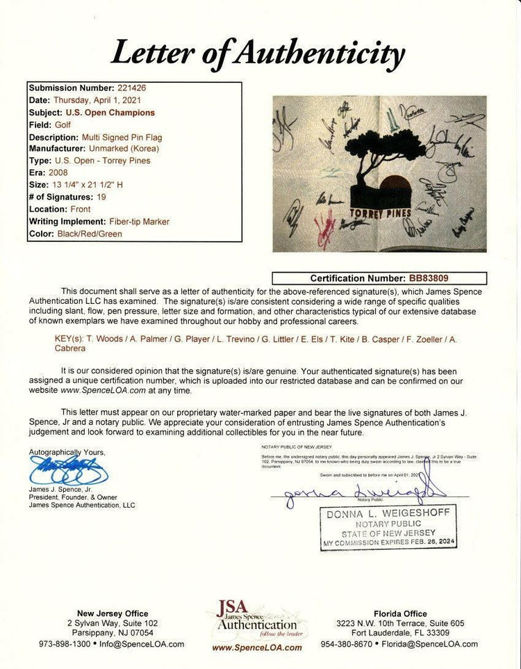 2008 US Open golf flag signed by 19 winners Tiger Woods Arnold Palmer Gary Player JSA - AutographsForSale.com