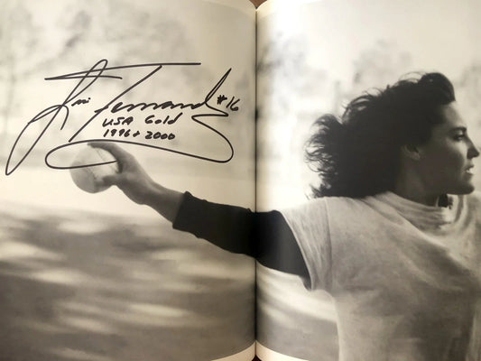 Page from 1996 US Olympic book signed by soccer, softball teams, Dominique Moceanu, Mike Powell, JSA certified.