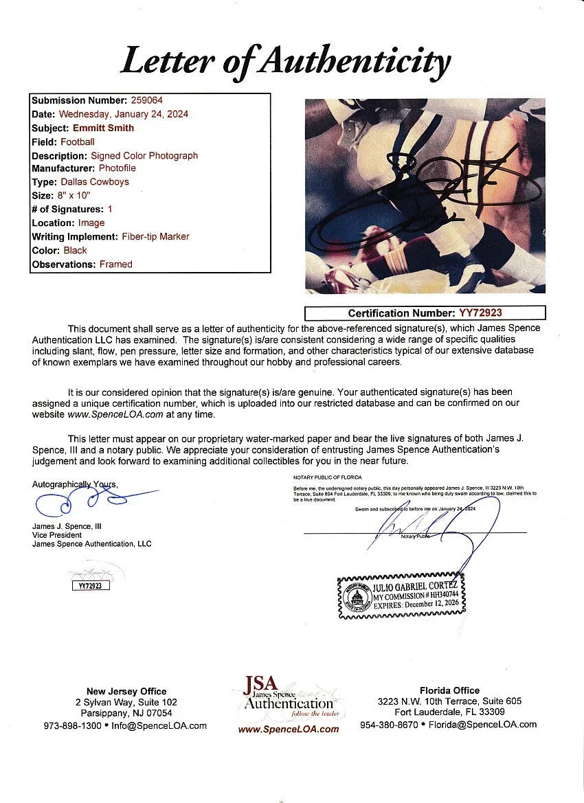 Emmitt Smith autographed Dallas Cowboys 8x10 photo custom framed JSA - AutographsForSale.com