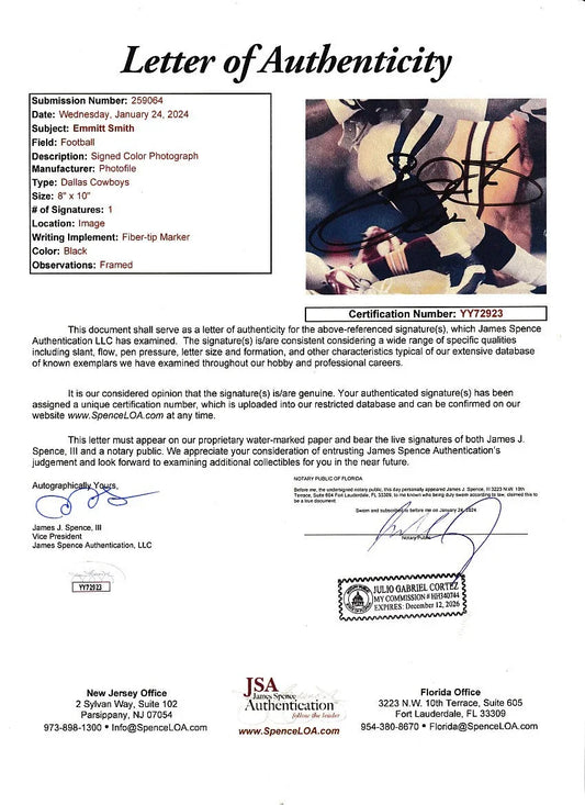 Emmitt Smith autographed Dallas Cowboys 8x10 photo custom framed JSA - AutographsForSale.com