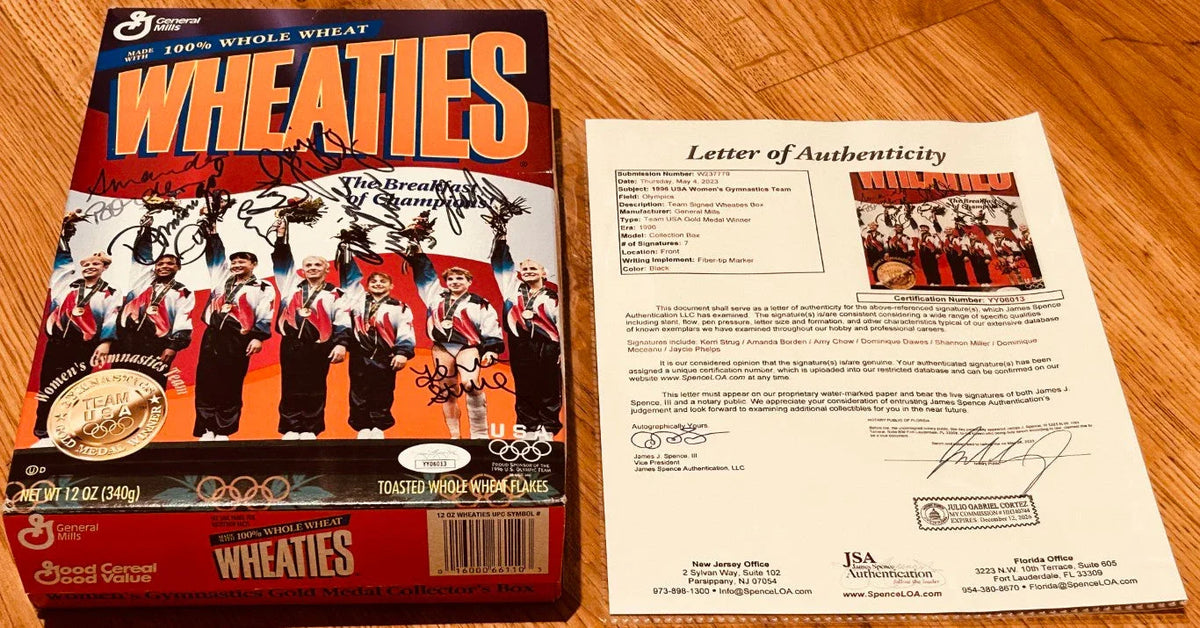 1996 US Olympic Gymnastics Magnificent 7 Gold Medal team signed Wheaties box JSA - AutographsForSale.com