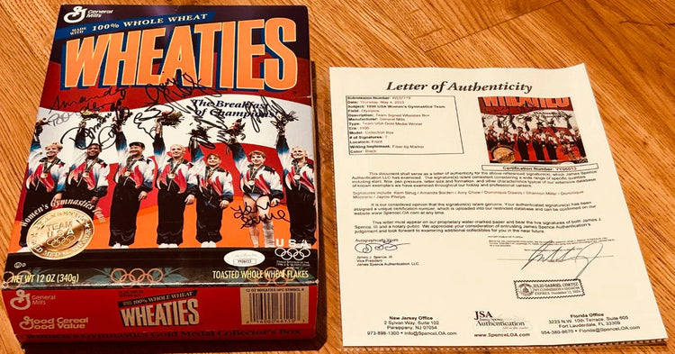 1996 US Olympic Gymnastics Magnificent 7 Gold Medal team signed Wheaties box JSA - AutographsForSale.com