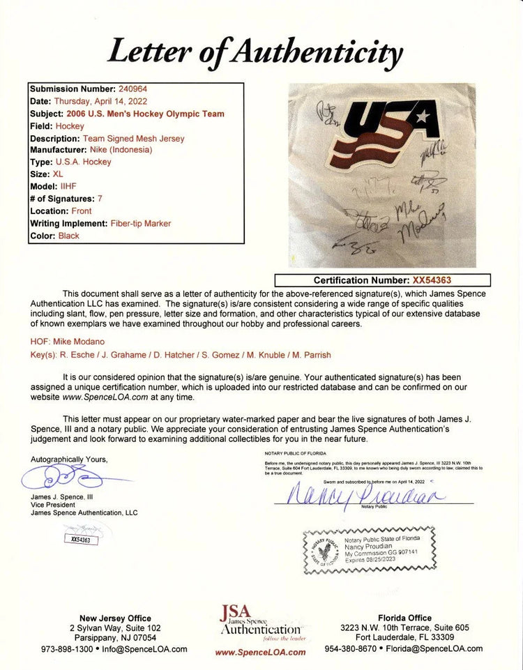 2006 US Olympic hockey team signed Nike jersey Mike Modano Scott Gomez Derian Hatcher JSA - AutographsForSale.com