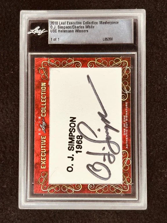 O.J. Simpson & Charles White 2018 Leaf Masterpiece Cut Signature card 1/1 JSA Heisman USC - AutographsForSale.com