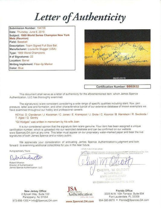 1969 New York Mets World Series Champions team autographed bat Tommie Agee JSA - AutographsForSale.com