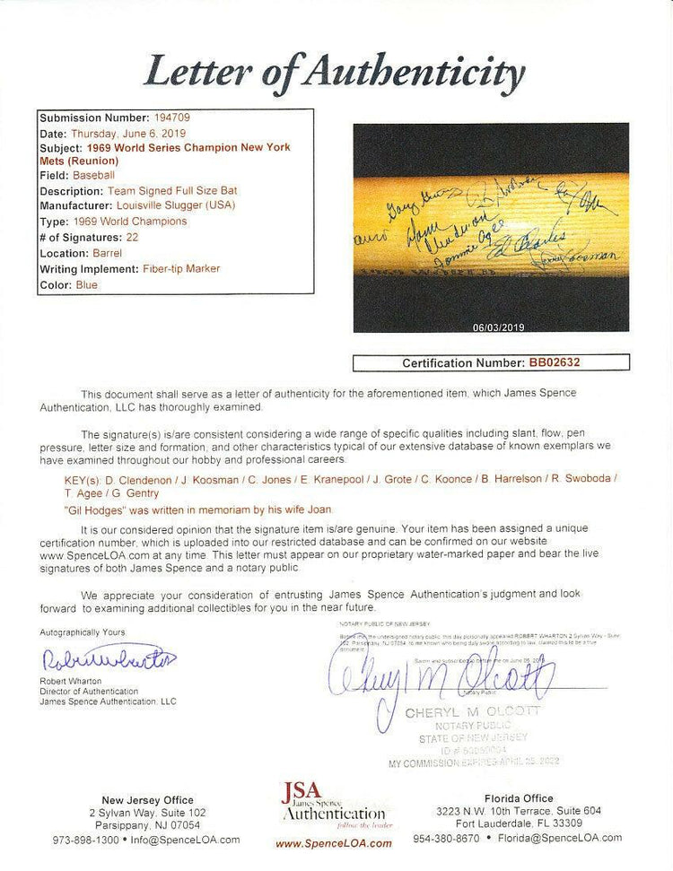 1969 New York Mets World Series Champions team autographed Bat JSA - AutographsForSale.com