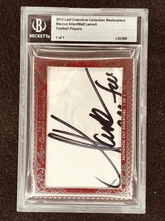 Marcus Allen & Matt Leinart 2012 Leaf Masterpiece Cut Signature certified signed card 1/1 JSA Heisman USC - AutographsForSale.com