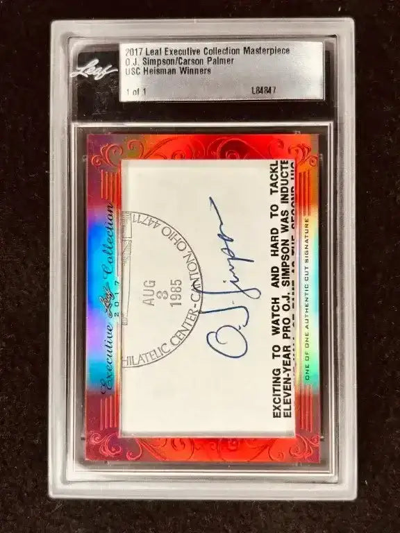 O.J. Simpson & Carson Palmer 2017 Leaf Masterpiece Cut Signature card 1/1 JSA Heisman USC Trojans - AutographsForSale.com