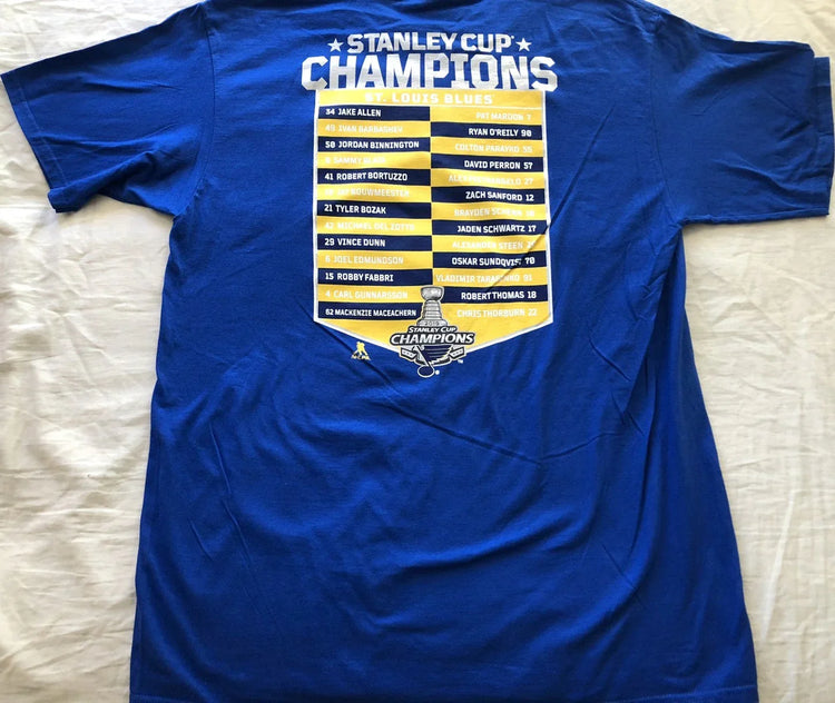 St. Louis Blues 2019 Stanley Cup Champions 2 sided blue T-shirt NEW - AutographsForSale.com