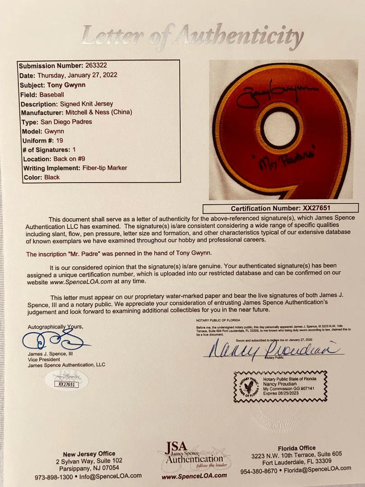 Tony Gwynn signed 1984 Padres Mitchell & Ness jersey with Mr Padre JSA - AutographsForSale.com