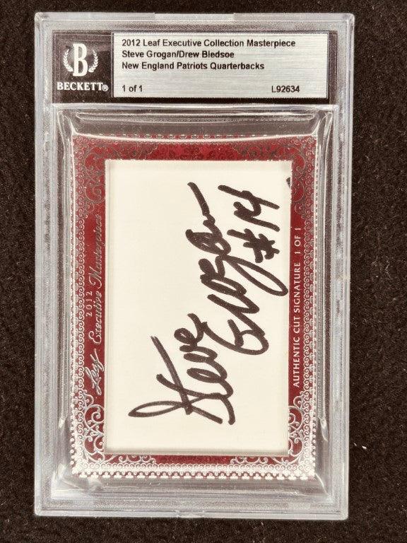 Steve Grogan & Drew Bledsoe 2012 Leaf Masterpiece Cut Signature certified signed card 1/1 JSA Patriots - AutographsForSale.com