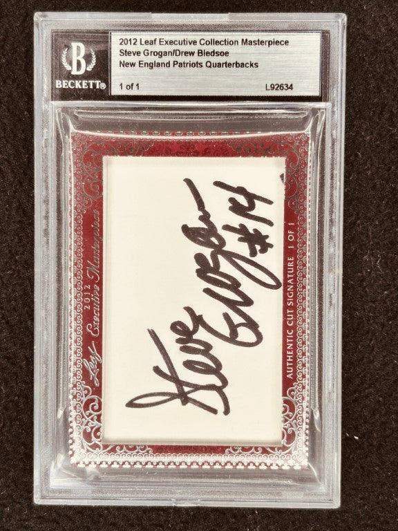 Steve Grogan & Drew Bledsoe 2012 Leaf Masterpiece Cut Signature certified signed card 1/1 JSA Patriots - AutographsForSale.com