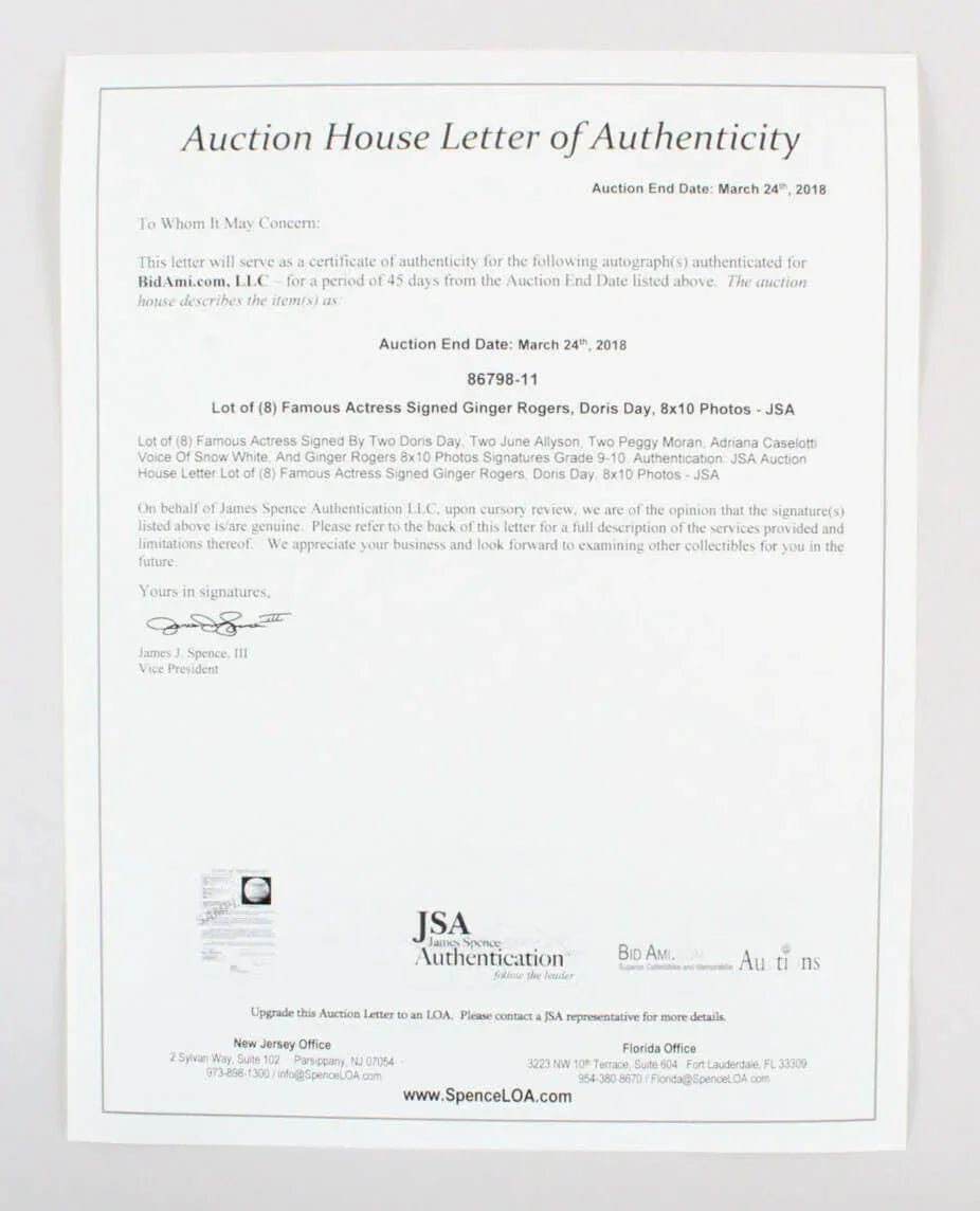 Ginger Rogers signed 8x10 photo with Blessings JSA Auction Loa - AutographsForSale.com