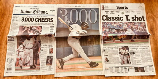 Set of 3 San Diego Union-Tribune newspaper sections from August 1999 highlighting Tony Gwynn’s 3000th career hit milestone
