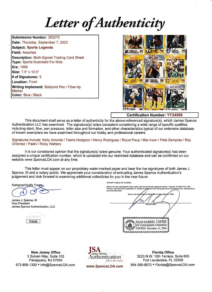 Signed 1996 SI for Kids card sheet Pete Sampras Ricky Watters Preki JSA - AutographsForSale.com