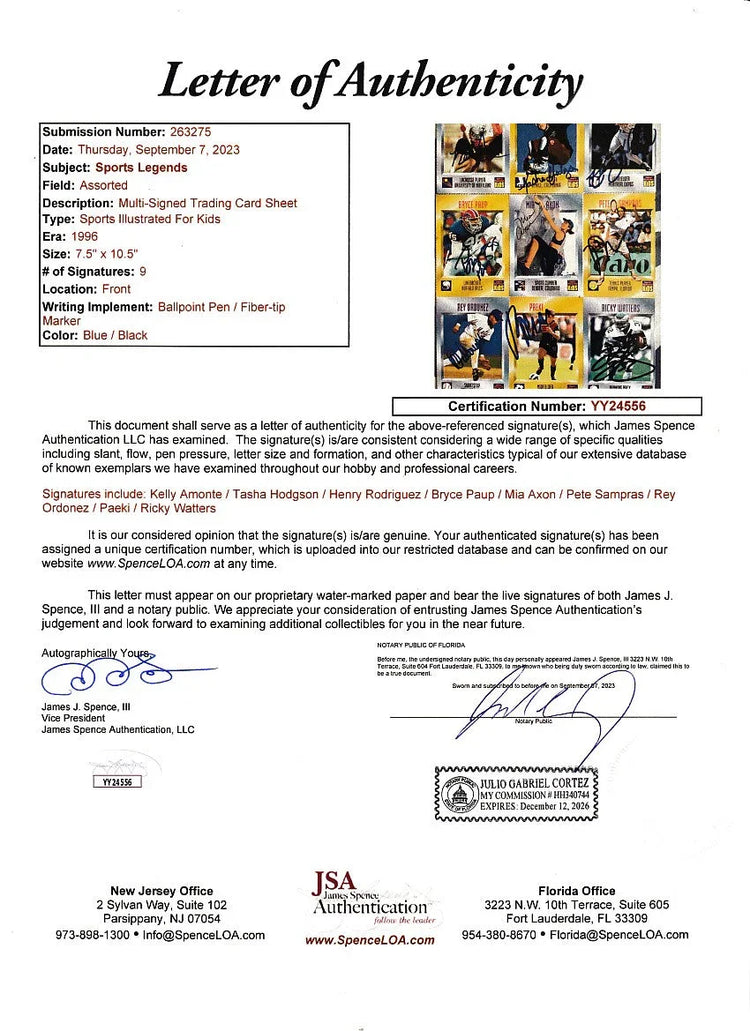 Signed 1996 SI for Kids card sheet Pete Sampras Ricky Watters Preki JSA - AutographsForSale.com