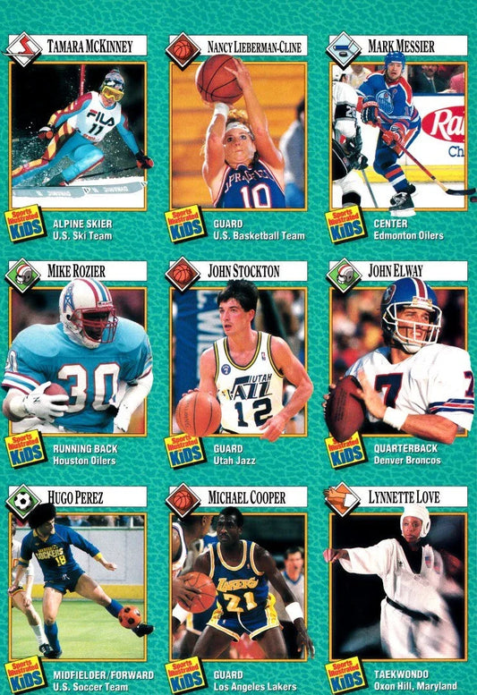 John Elway Mark Messier John Stockton 1989 SI for Kids card sheet - AutographsForSale.com