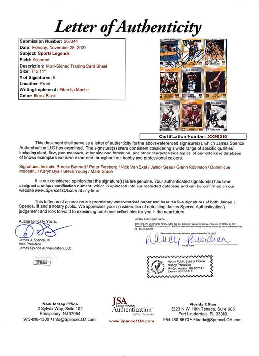 Signed 1995 SI for Kids card sheet Junior Seau Steve Young Peter Forsberg JSA - AutographsForSale.com
