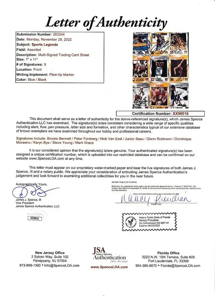 Signed 1995 SI for Kids card sheet Junior Seau Steve Young Peter Forsberg JSA - AutographsForSale.com