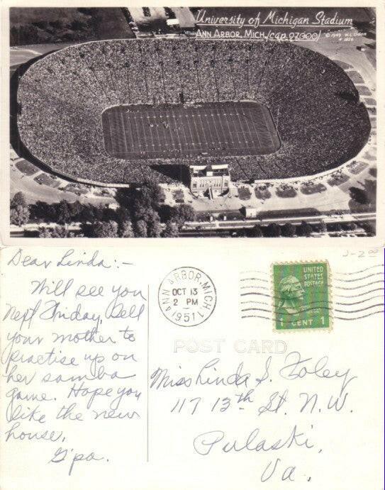 1949 Michigan Wolverines football stadium B&W postcard - AutographsForSale.com