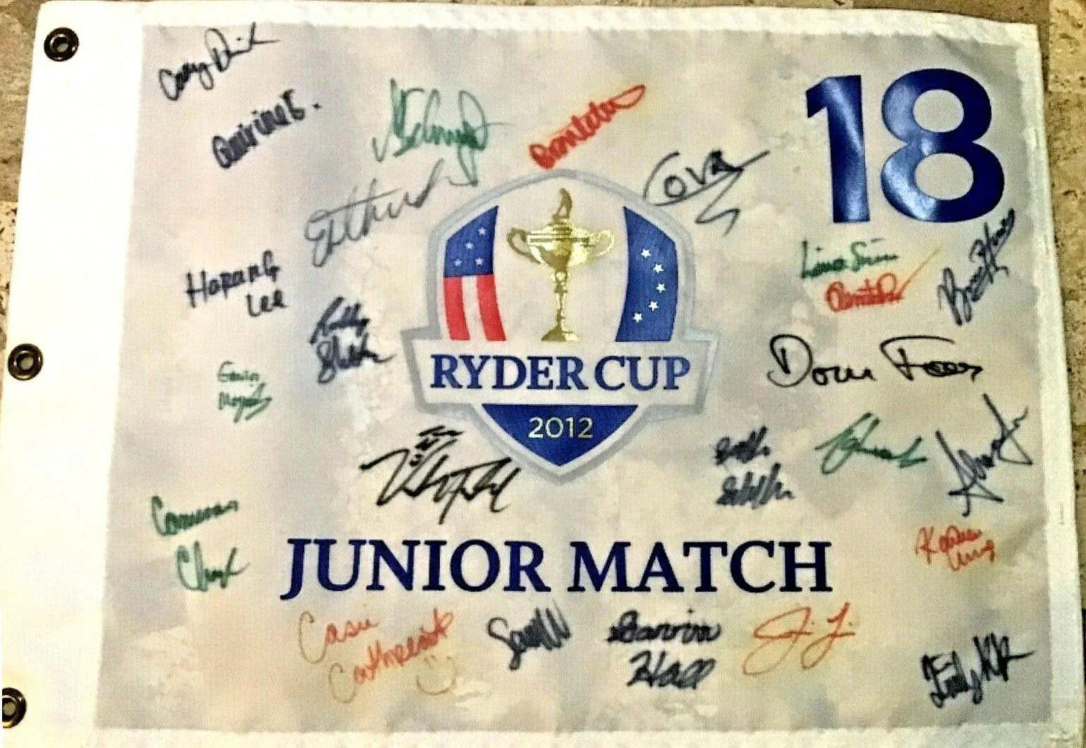 2012 Junior Ryder Cup golf pin flag autographed by 24 (Scottie Scheffler teen signature) JSA - AutographsForSale.com