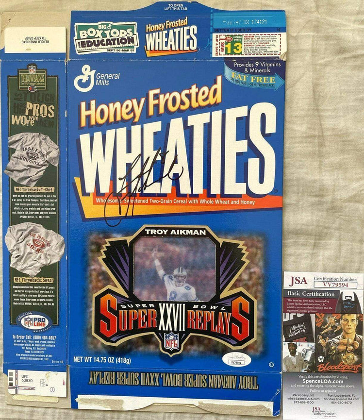 Troy Aikman autographed Dallas Cowboys Super Bowl 27 Wheaties box JSA - AutographsForSale.com