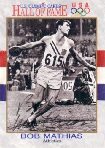 Bob Mathias decathlon signed 1991 US Olympic Hall of Fame card - AutographsForSale.com