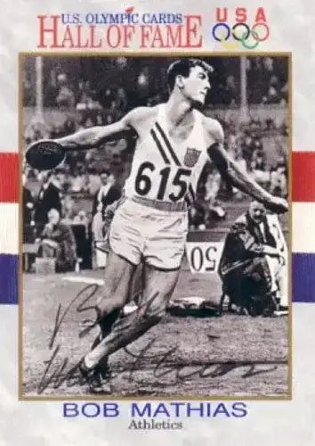 Bob Mathias decathlon signed 1991 US Olympic Hall of Fame card - AutographsForSale.com