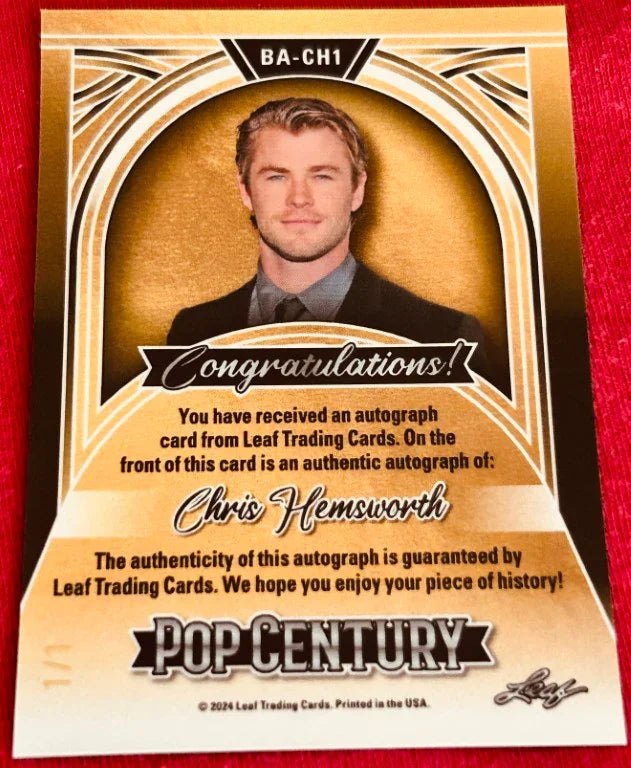 Chris Hemsworth certified signed 2024 Leaf Pop Century card 1/1 Avengers Thor - AutographsForSale.com