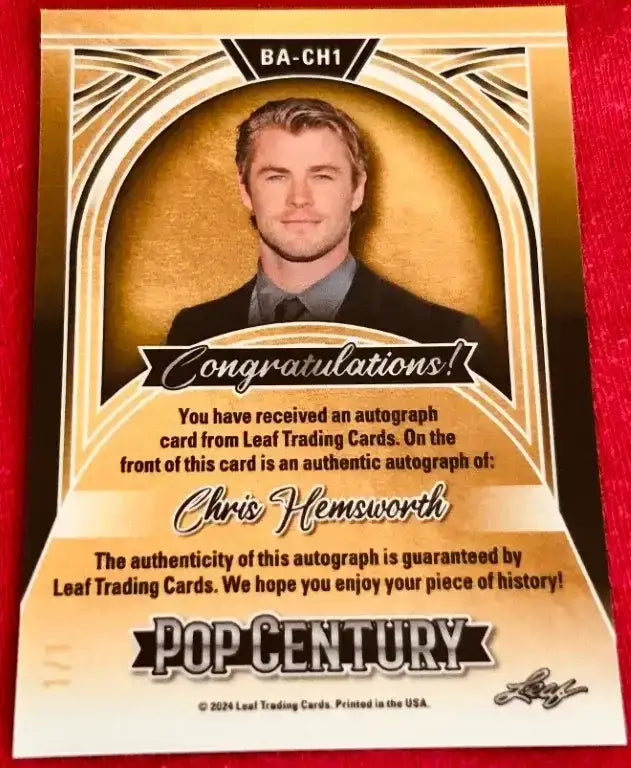 Chris Hemsworth certified signed 2024 Leaf Pop Century card 1/1 Avengers Thor - AutographsForSale.com