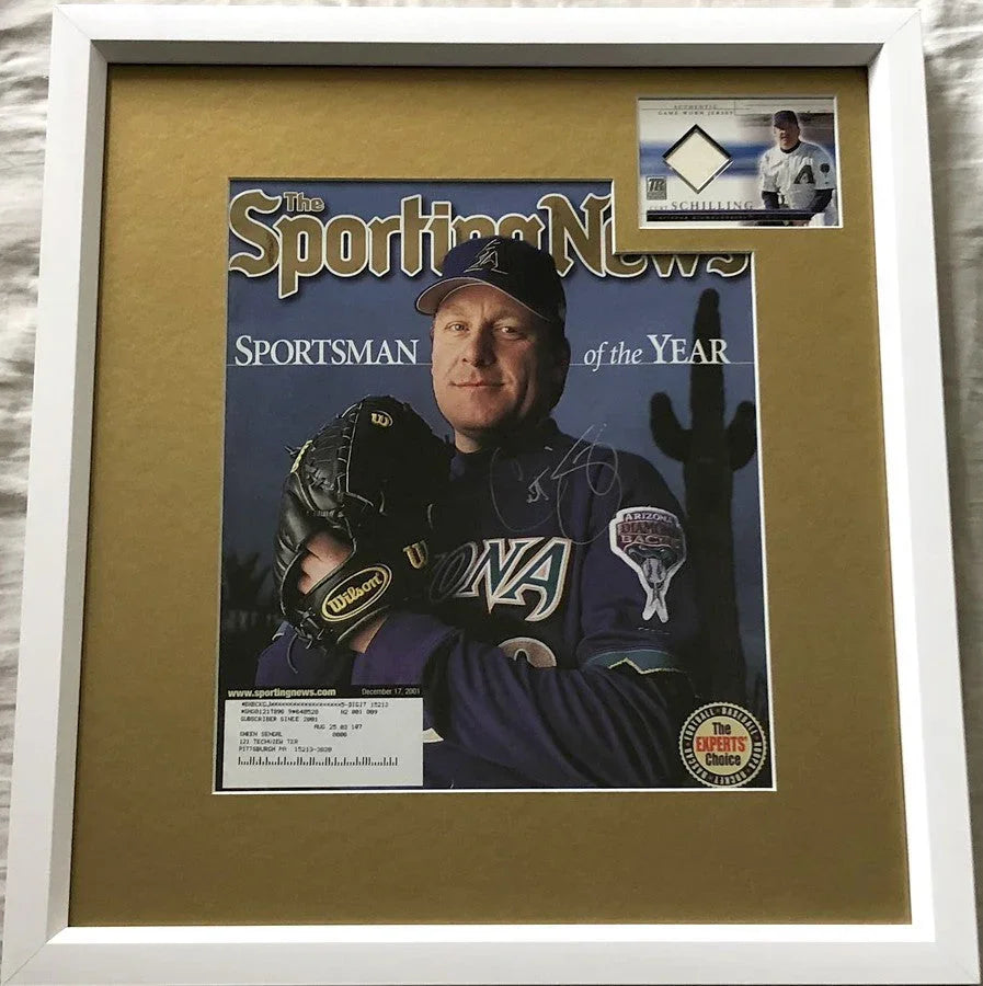 Curt Schilling signed Diamondbacks 2001 Sporting News cover framed jersey card JSA - AutographsForSale.com