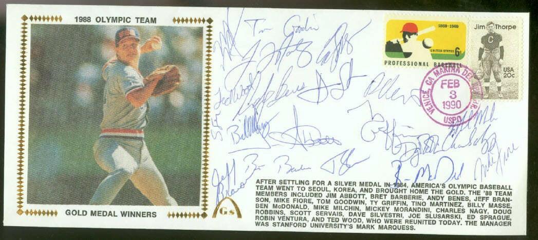 1988 US Olympic Baseball Gold Medal team signed Gateway cachet Jim Abbott Tino Martinez Robin Ventura - AutographsForSale.com