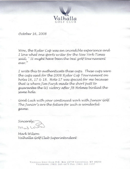 2008 Ryder Cup Valhalla Hole 16 Cup Liner signed by Paul Azinger JSA - AutographsForSale.com