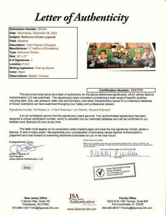 Jim Palmer Cal Ripken Brooks Robinson Frank Robinson signed Orioles 1991 litho framed JSA - AutographsForSale.com