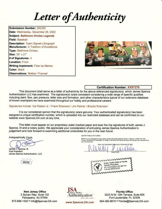 Jim Palmer Cal Ripken Brooks Robinson Frank Robinson signed Orioles 1991 litho framed JSA - AutographsForSale.com