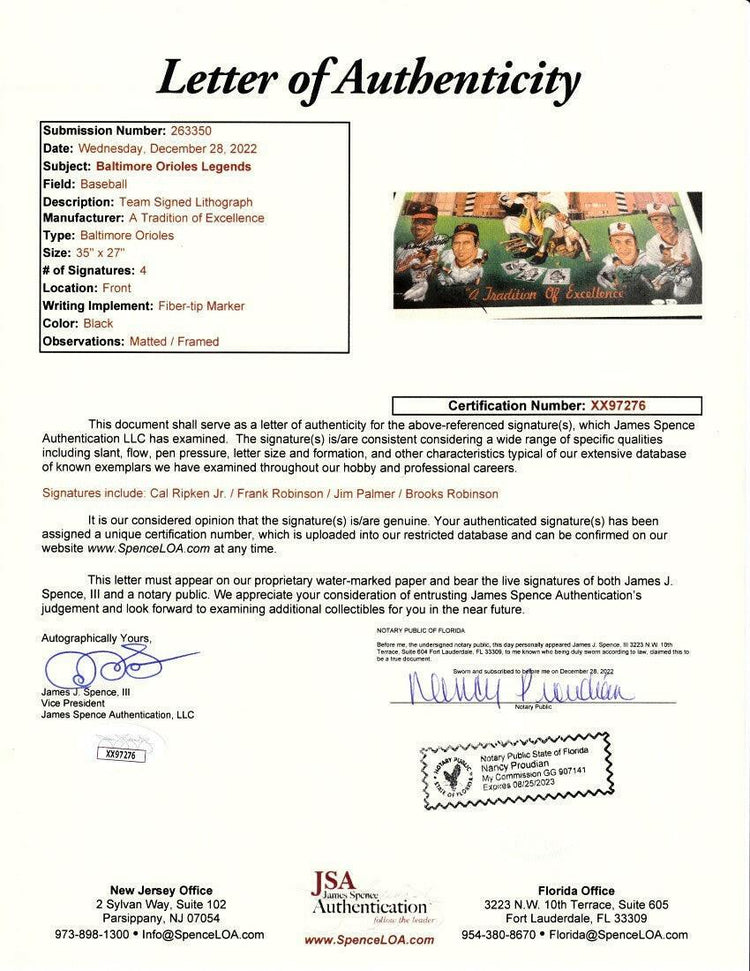Jim Palmer Cal Ripken Brooks Robinson Frank Robinson signed Orioles 1991 litho framed JSA - AutographsForSale.com
