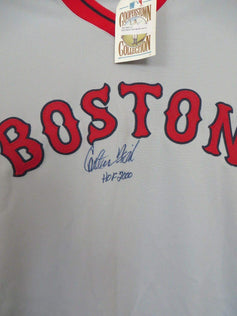 Carlton Fisk signed 1975 Red Sox Mitchell & Ness jersey w/ HOF 2000 Steiner - AutographsForSale.com
