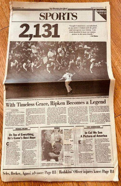 Cal Ripken Orioles 2130 & 2131 Consecutive Games 1995 Washington Post newspapers - AutographsForSale.com