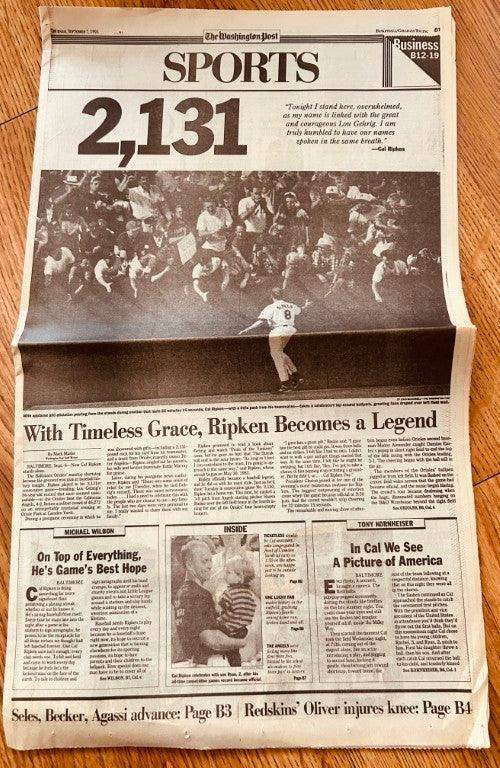 Cal Ripken Orioles 2130 & 2131 Consecutive Games 1995 Washington Post newspapers - AutographsForSale.com