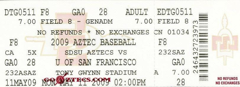 2009 San Diego St Aztecs Baseball game ticket Stephen Strasburg Last home game - AutographsForSale.com