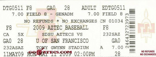 2009 San Diego State Aztecs baseball game ticket (Stephen Strasburg last home game) - AutographsForSale.com