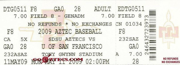 2009 San Diego St Aztecs Baseball game ticket Stephen Strasburg Last home game - AutographsForSale.com