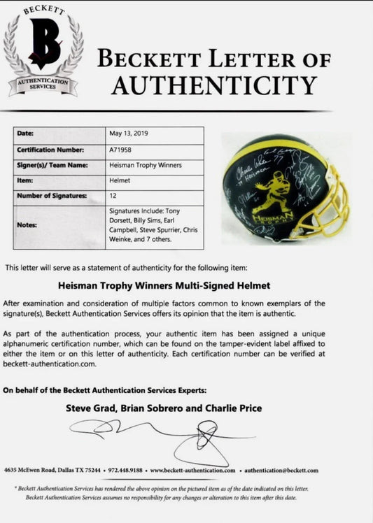 Heisman Trophy FS helmet signed by 13 winners Earl Campbell Tony Dorsett Paul Hornung Steve Spurrier BAS - AutographsForSale.com