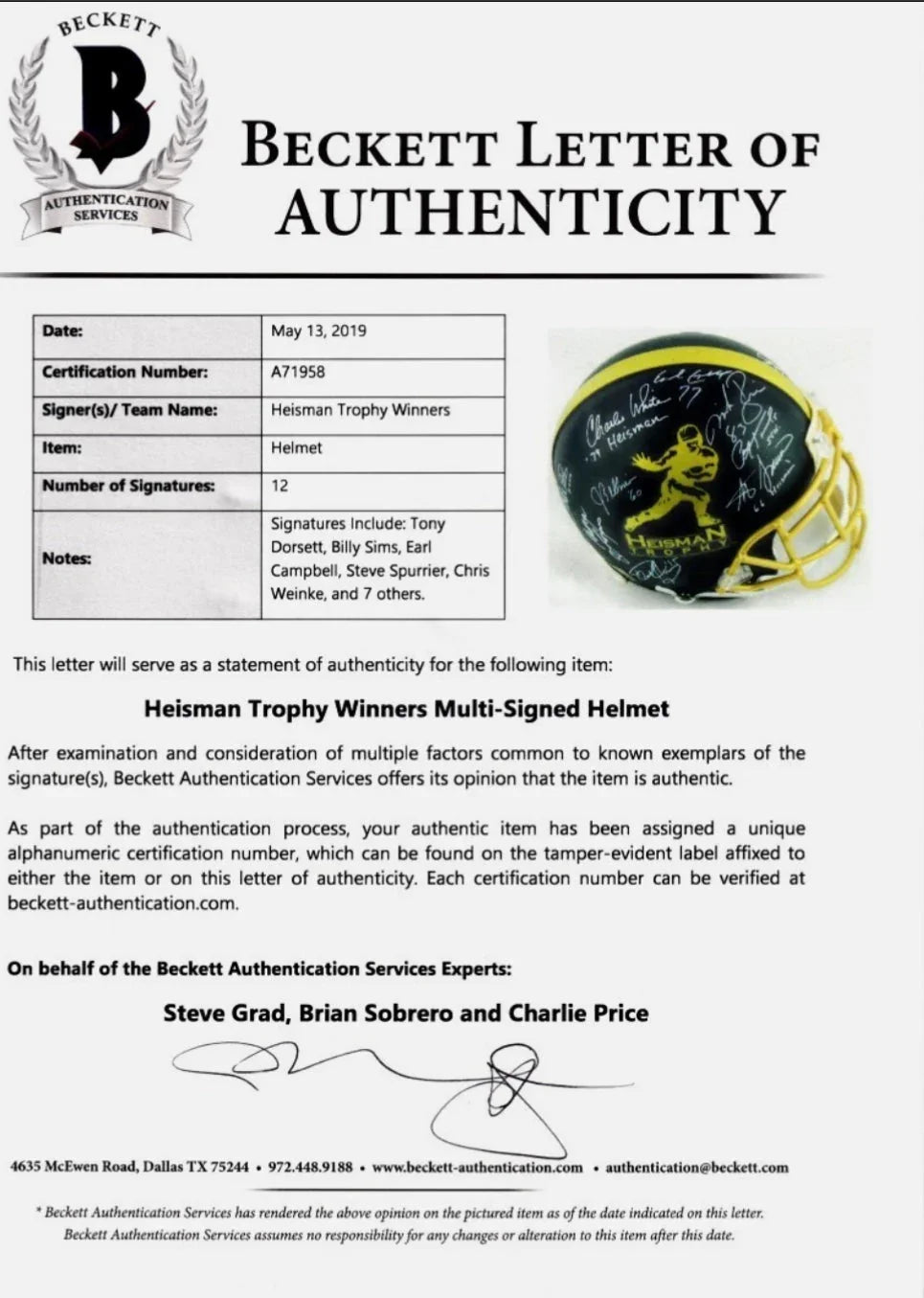 Heisman Trophy FS helmet signed by 13 winners Earl Campbell Tony Dorsett Paul Hornung Steve Spurrier BAS - AutographsForSale.com