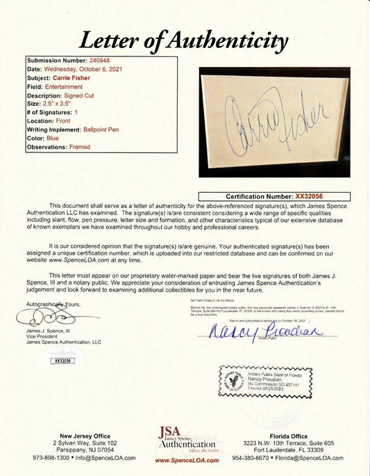 Carrie Fisher autograph framed Princess Leia Star Wars 8x10 photo JSA - AutographsForSale.com