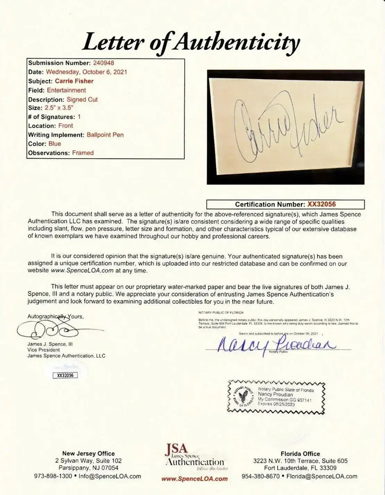Carrie Fisher autograph framed Princess Leia Star Wars 8x10 photo JSA - AutographsForSale.com