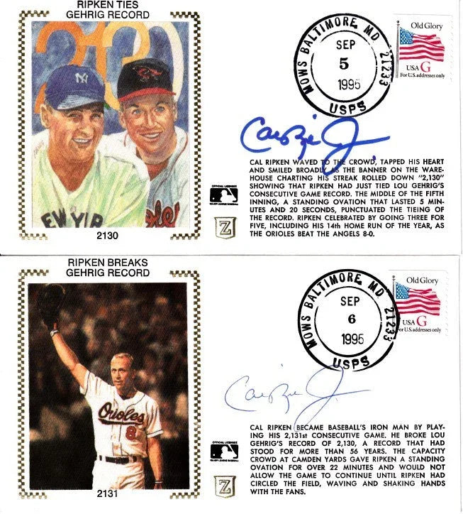 Cal Ripken signed Orioles 2130 & 2131 Iron Man cachets JSA - AutographsForSale.com