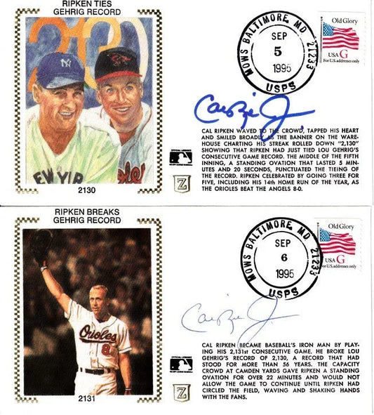Cal Ripken autographed Baltimore Orioles 2130 and 2131 Consecutive Games cachet envelope set (JSA) - AutographsForSale.com