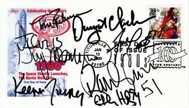 49ers 80s cachet signed by Dwight Clark Randy Cross Fred Dean Charles Haley Guy McIntyre Tom Rathman Keena Turner - AutographsForSale.com